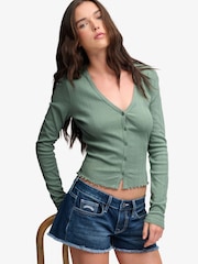 Superdry Olive Green Athletic Essential Pointelle Cardigan - Image 3 of 7