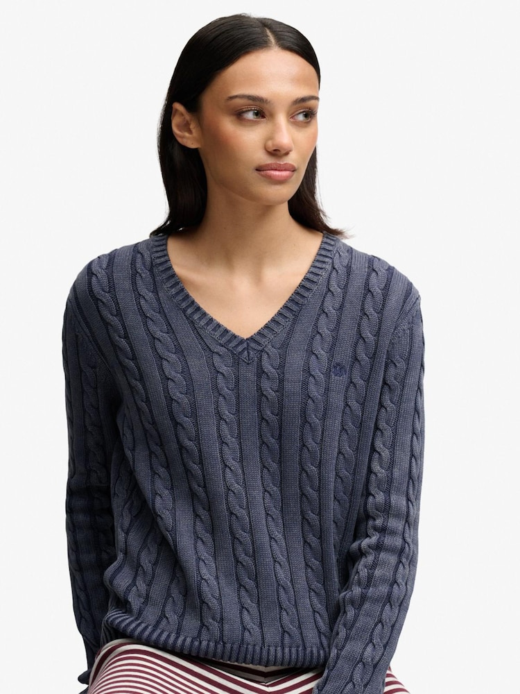 Superdry Navy Blue Washed V-Neck Cable Jumper - Image 1 of 4
