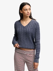 Superdry Navy Blue Washed V-Neck Cable Jumper - Image 3 of 4