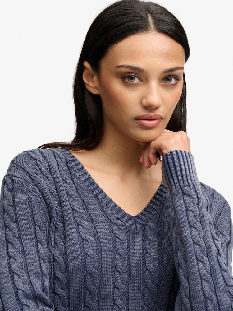 Superdry Navy Blue Washed V-Neck Cable Jumper - Image 4 of 4