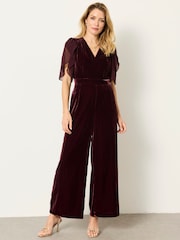 FatFace Wine Petite Opal Velvet Jumpsuit - Image 1 of 4