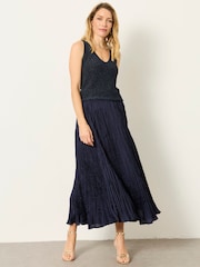 FatFace Coco Navy Pleated Midi Skirt - Image 4 of 6