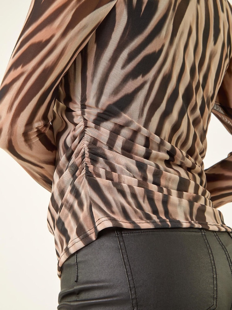Roman Natural Animal Print Mesh Ruched Top - Image 2 of 5 Roman Natural Animal Print Mesh Ruched Top - Image 2 of 5