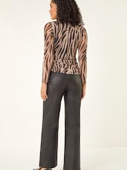 Roman Natural Animal Print Mesh Ruched Top - Image 4 of 5