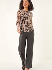 Roman Natural Animal Print Mesh Ruched Top - Image 5 of 5