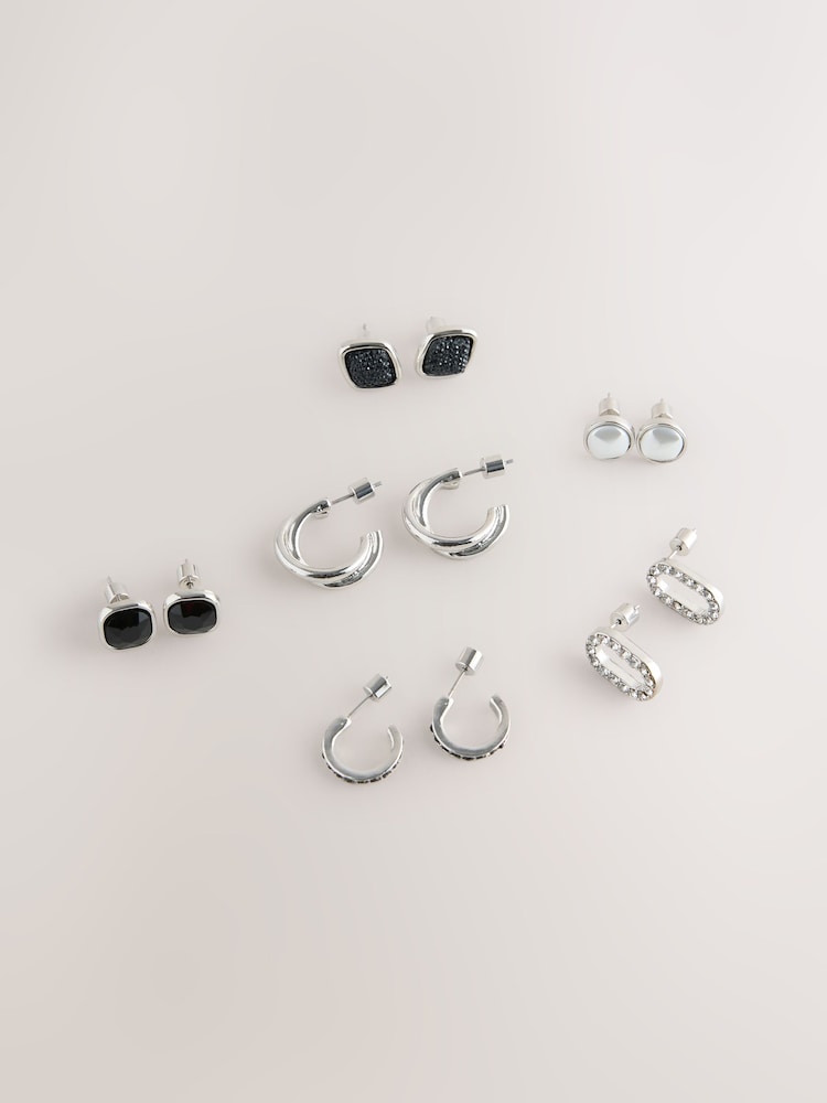 Silver/Black 6 Pack Stud and Hoop Earrings - Image 1 of 3