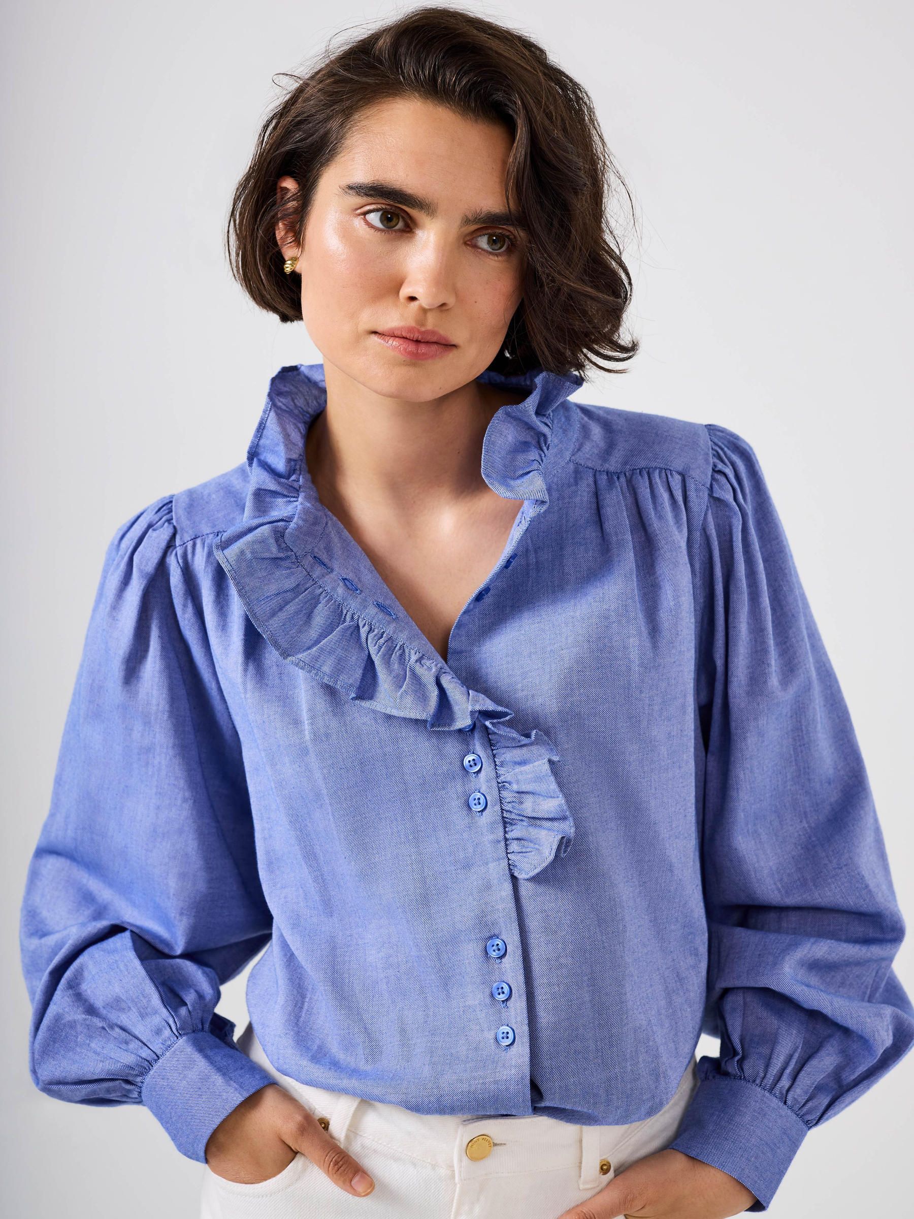 Buy Mint Velvet Blue Cotton Chambray Ruffle Blouse from the Next