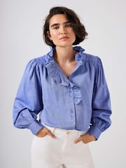 Mint Velvet Blue Cotton Chambray Ruffle Blouse - Image 6 of 8