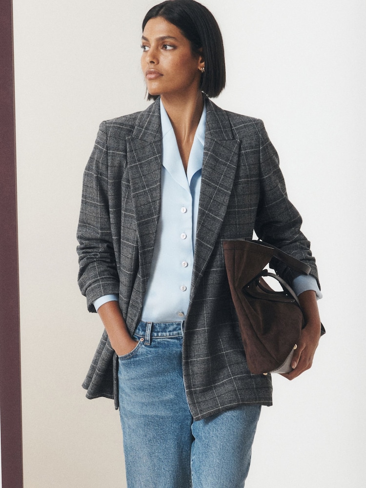 Grey/Blue Check Asymmetric Blazer - Image 1 of 9 Grey/Blue Check Asymmetric Blazer - Image 1 of 9