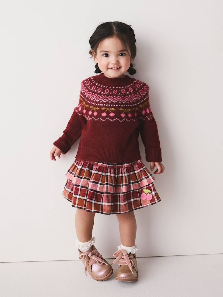 Berry and Pink Fairisle Jumper and Check Skirt Set (3mths-7yrs) - Image 1 of 5