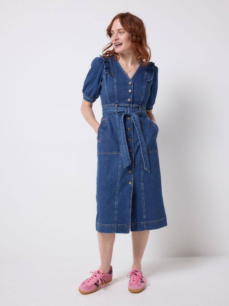 SCAMP & DUDE Blue Denim Frill Sleeve Midi Dress - Image 1 of 5