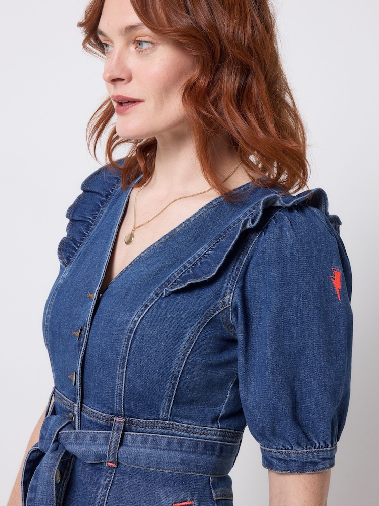 SCAMP & DUDE Blue Denim Frill Sleeve Midi Dress - Image 5 of 5