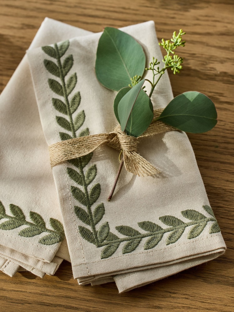 Laura Ashley Set of 4 Green/White Embroidered Napkins - Image 2 of 4