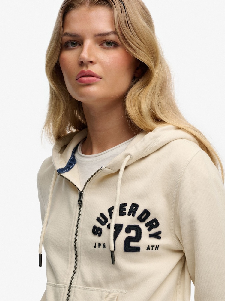 SUPERDRY Cream Athletic Relaxed Crop Zip Hoodie - Image 2 of 4 SUPERDRY Cream Athletic Relaxed Crop Zip Hoodie - Image 2 of 4