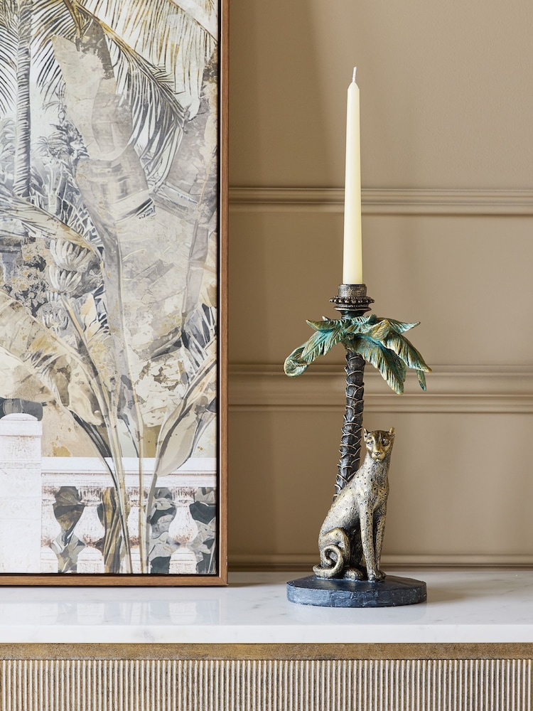 Libra Interiors Gold Palm Candle Stick with Leopard - Image 1 of 7
