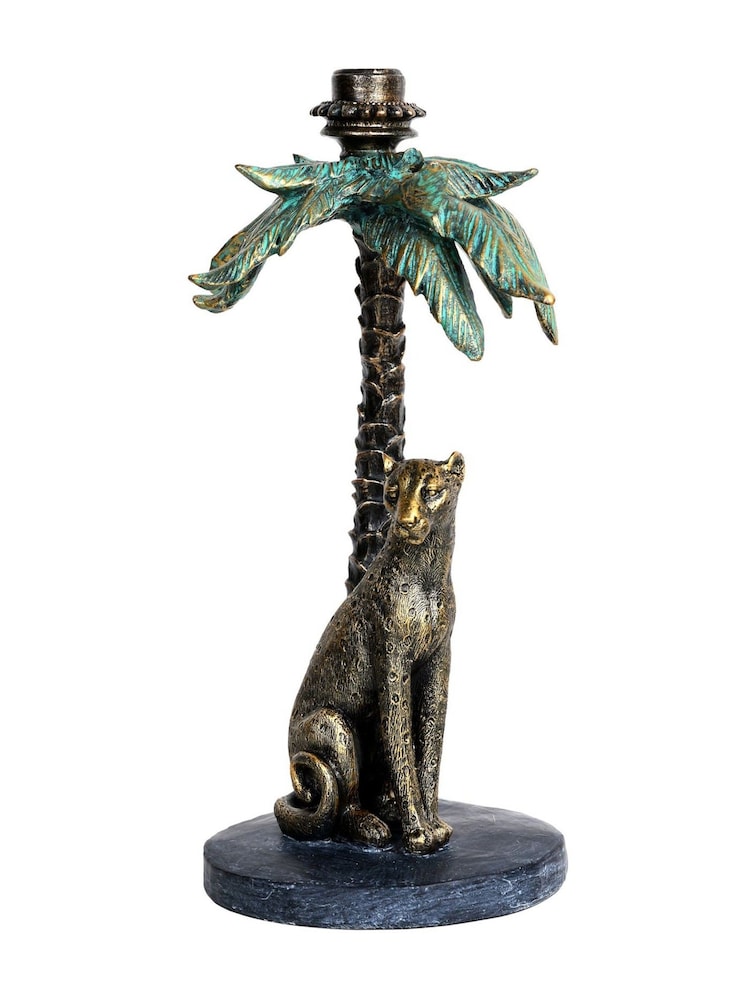 Libra Interiors Gold Palm Candle Stick with Leopard - Image 2 of 7