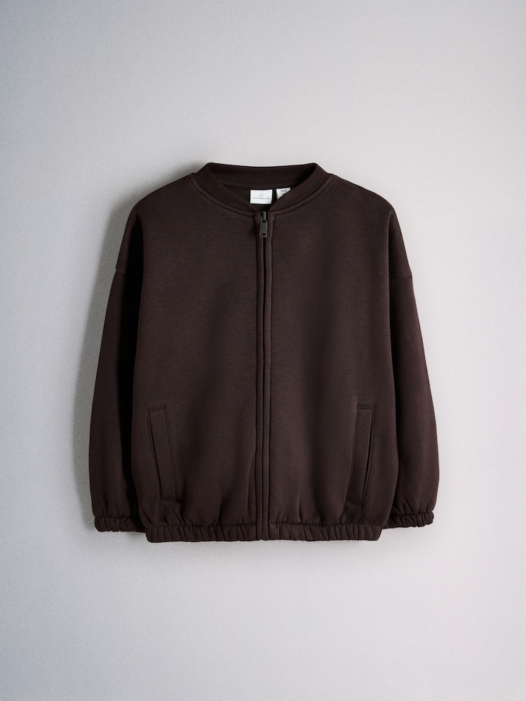 The Set 3 Piece Jersey Zip Through Bomber Short Sleeve Oversized T-Shirt and Barrel Jogger Set Chocolate Brown/Cream - Image 2 of 6
