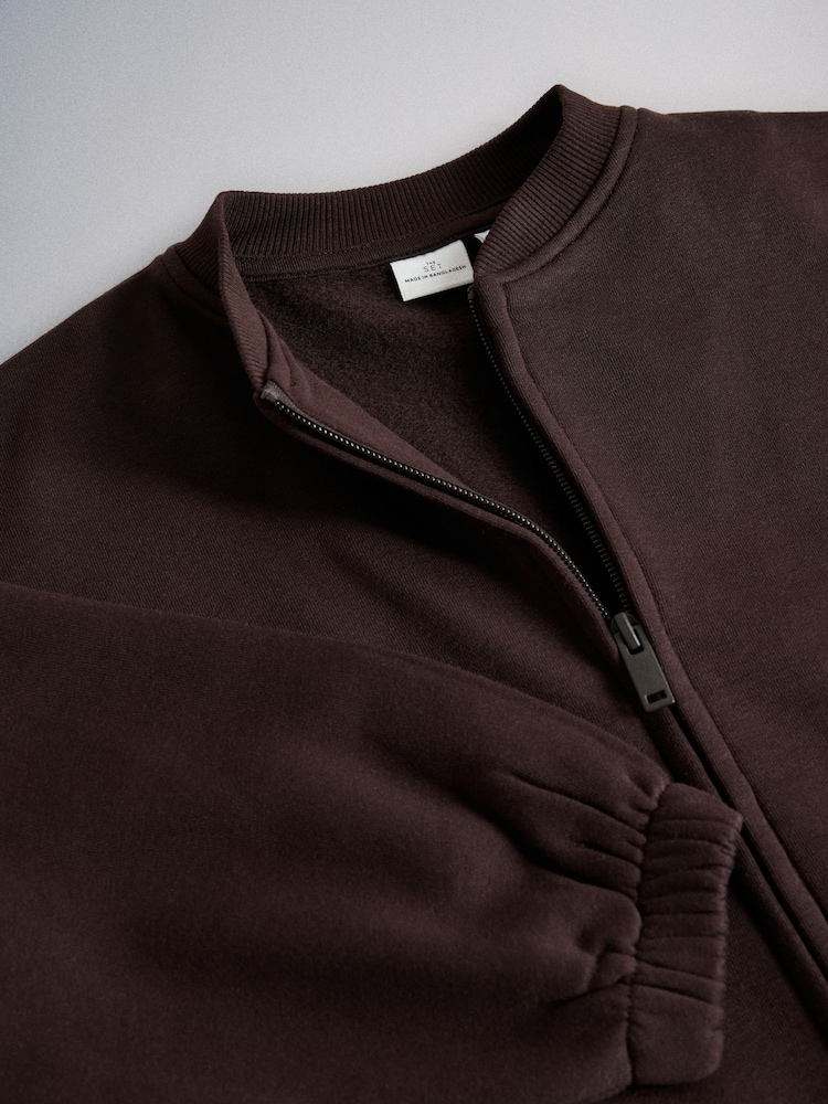 The Set 3 Piece Jersey Zip Through Bomber Short Sleeve Oversized T-Shirt and Barrel Jogger Set Chocolate Brown/Cream - Image 6 of 6
