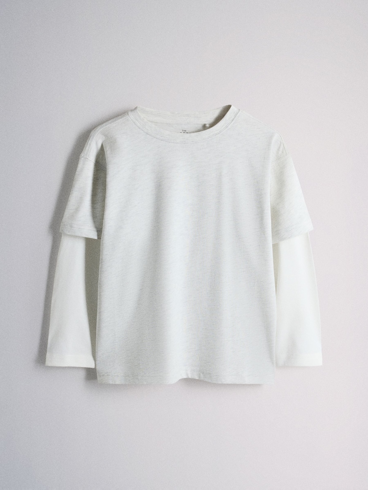 The Set Long Sleeve Relaxed Mock Layer T-Shirt and Woven Relaxed Trousers Set Grey/White/Brown - Image 2 of 5
