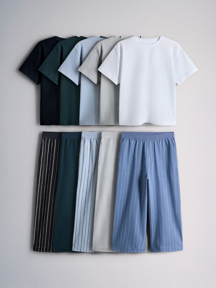 The Set 5 Pack Short Sleeve Oversized T-Shirt and Elasticated Waist Long Leg Pyjamas Light Blue/Navy/Grey/White - Image 1 of 13