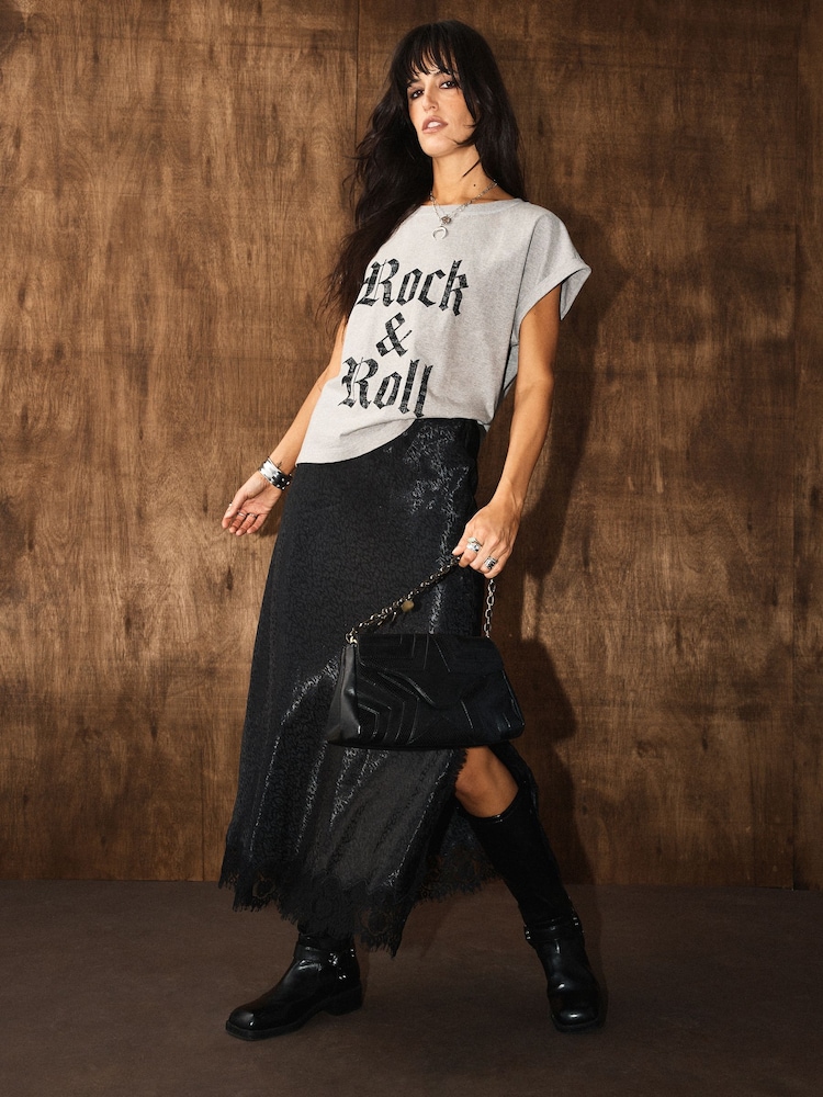 Rockett St George Black Animal Print Lace Trimmed Midi Skirt - Image 2 of 6 Rockett St George Black Animal Print Lace Trimmed Midi Skirt - Image 2 of 6