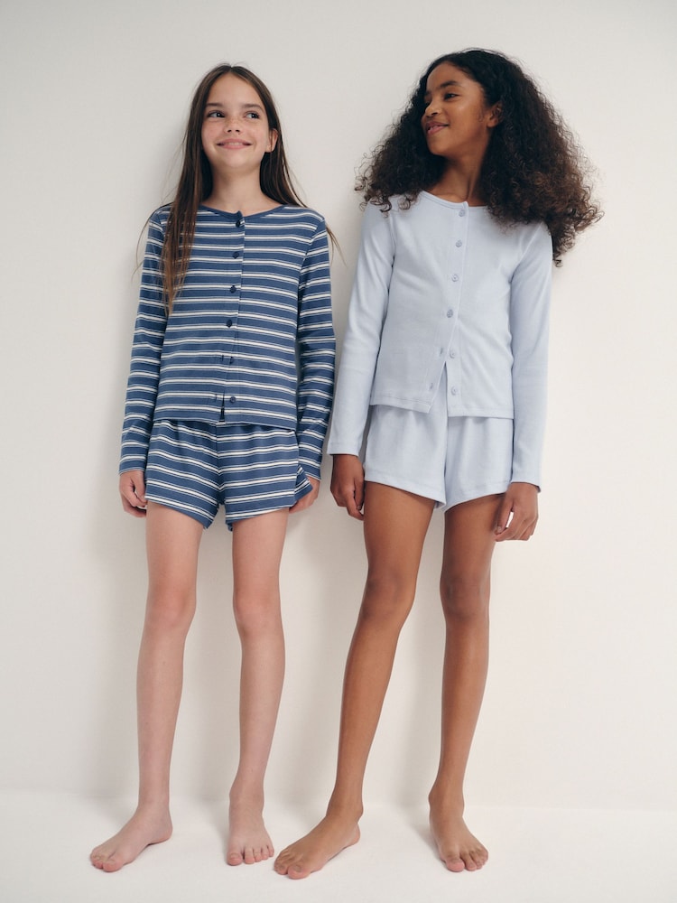 The Set 2 Pack Long Sleeve Rib Button Through Top and Short Pyjamas - 画像 1 / 12
