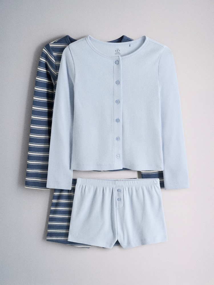 The Set 2 Pack Long Sleeve Rib Button Through Top and Short Pyjamas - 画像 2 / 12