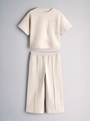 The Set Short Sleeve Interlock Jersey Pocket T-Shirt and Wide Leg Jogger Set Cream - Image 1 of 5