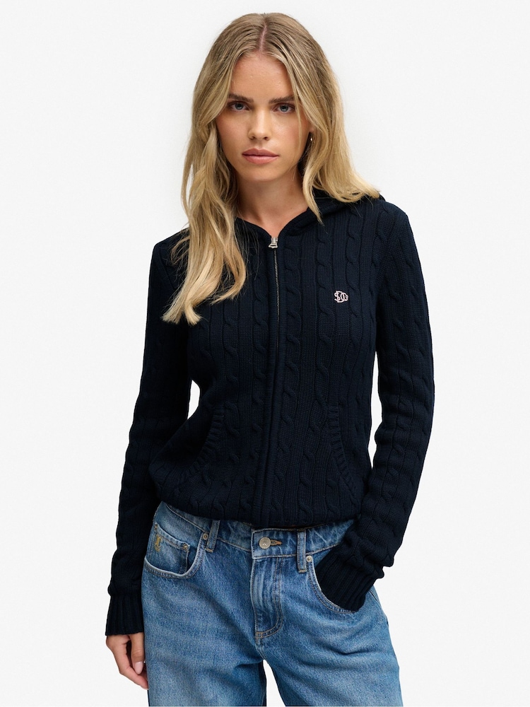 Superdry Blue Cotton Cable Hoodie - Image 1 of 8