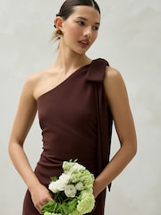 Chocolate Brown Bow One Shoulder Maxi Bridesmaid Dress - Image 4 of 7