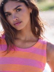 Pink/Orange Stripe Sleeveless Tie Waist Cotton Playsuit - Image 4 of 8