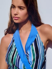 Blue Stripe Halter Neck Scarf Mini Summer Dress - Image 6 of 10