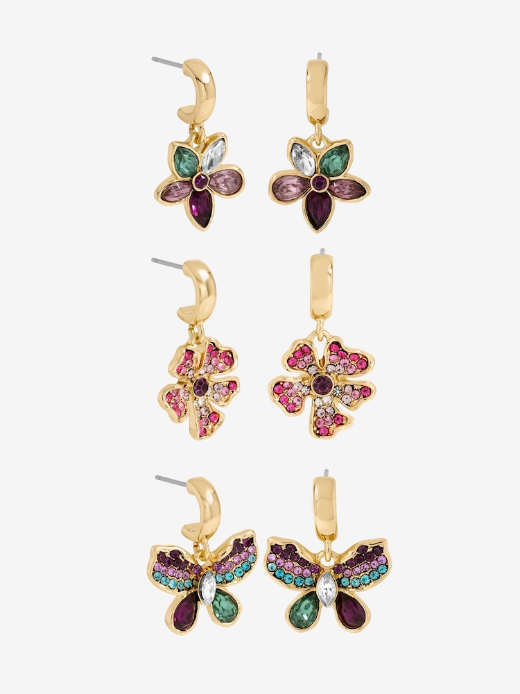 Mood Gold Tone Multi Coloured Floral Earrings Pack of 3 - Image 1 of 1