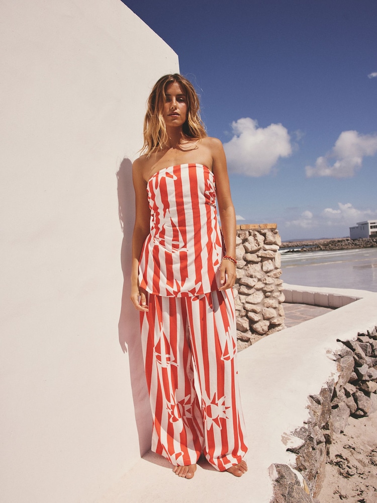 Red/White Stripe Sun Print Pleat Front Wide Leg Trousers - Image 2 of 7 Red/White Stripe Sun Print Pleat Front Wide Leg Trousers - Image 2 of 7
