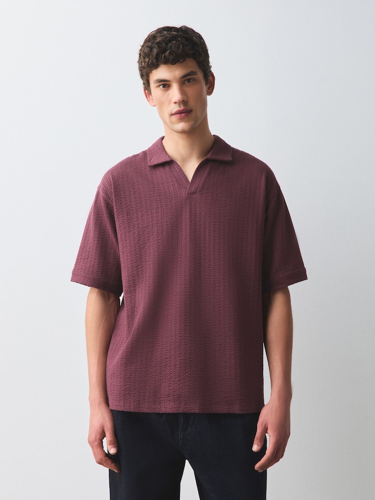 Burgundy Red Seersucker Trophy Neck Textured Polo Shirt - Image 2 of 7 Burgundy Red Seersucker Trophy Neck Textured Polo Shirt - Image 2 of 7