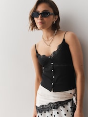 Multi V-Neck Red and Black Ribbed Lace Button Down Thin Strap Vest - Image 3 of 9