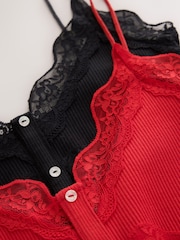 Multi V-Neck Red and Black Ribbed Lace Button Down Thin Strap Vest - Image 8 of 9
