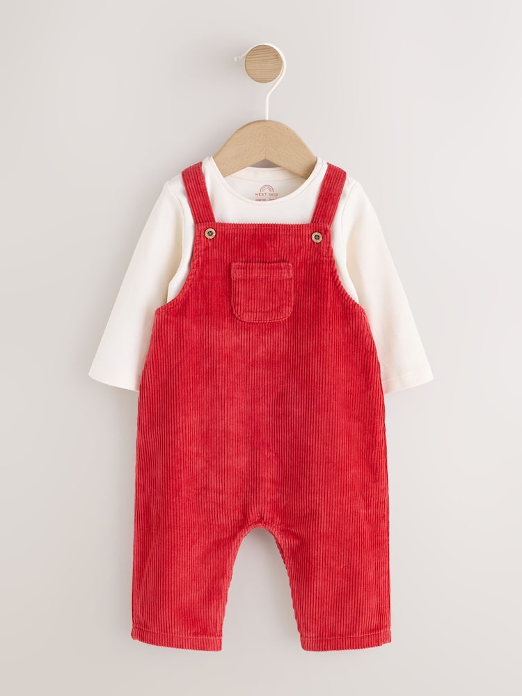 Red Plain Cord Dungaree and Bodysuit Baby Set (0mths-2yrs) - Image 1 of 6