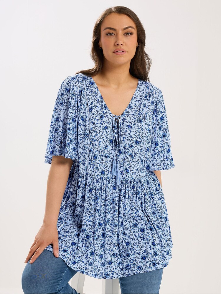 Yours Curve Blue Short Sleeve Angel Sleeve Boho Top - Image 1 of 5