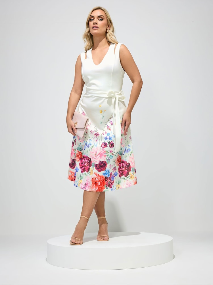 Yours Curve White London Floral Skater Midi Dress - Image 1 of 5