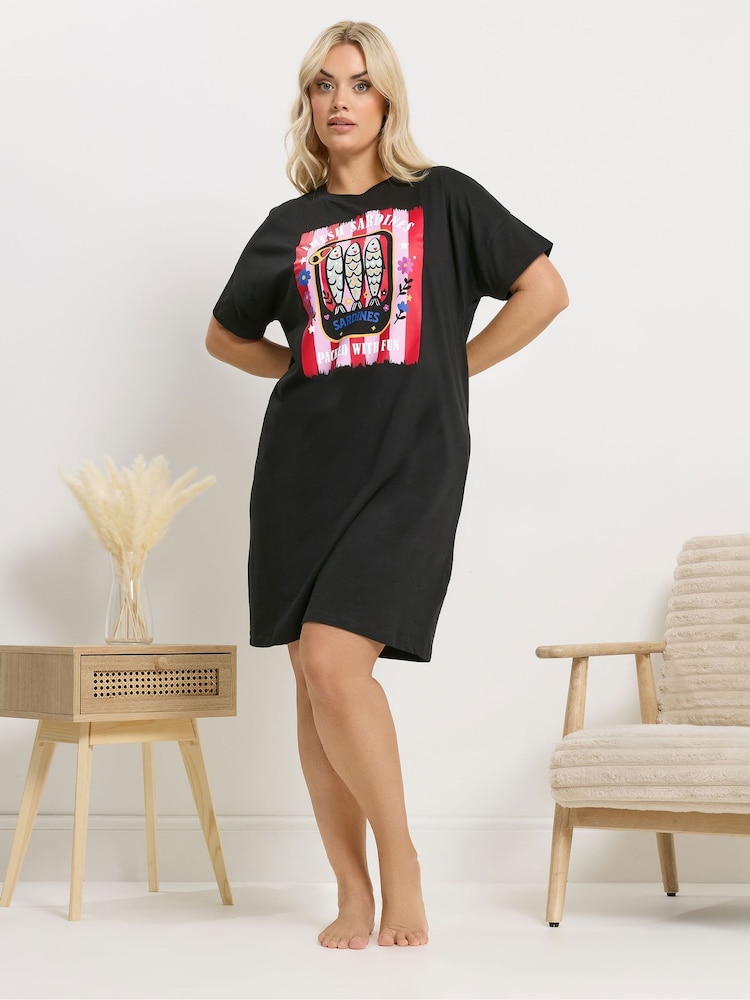 Yours Curve Black Sleeptee Nightie - Image 1 of 4 Yours Curve Black Sleeptee Nightie - Image 1 of 4