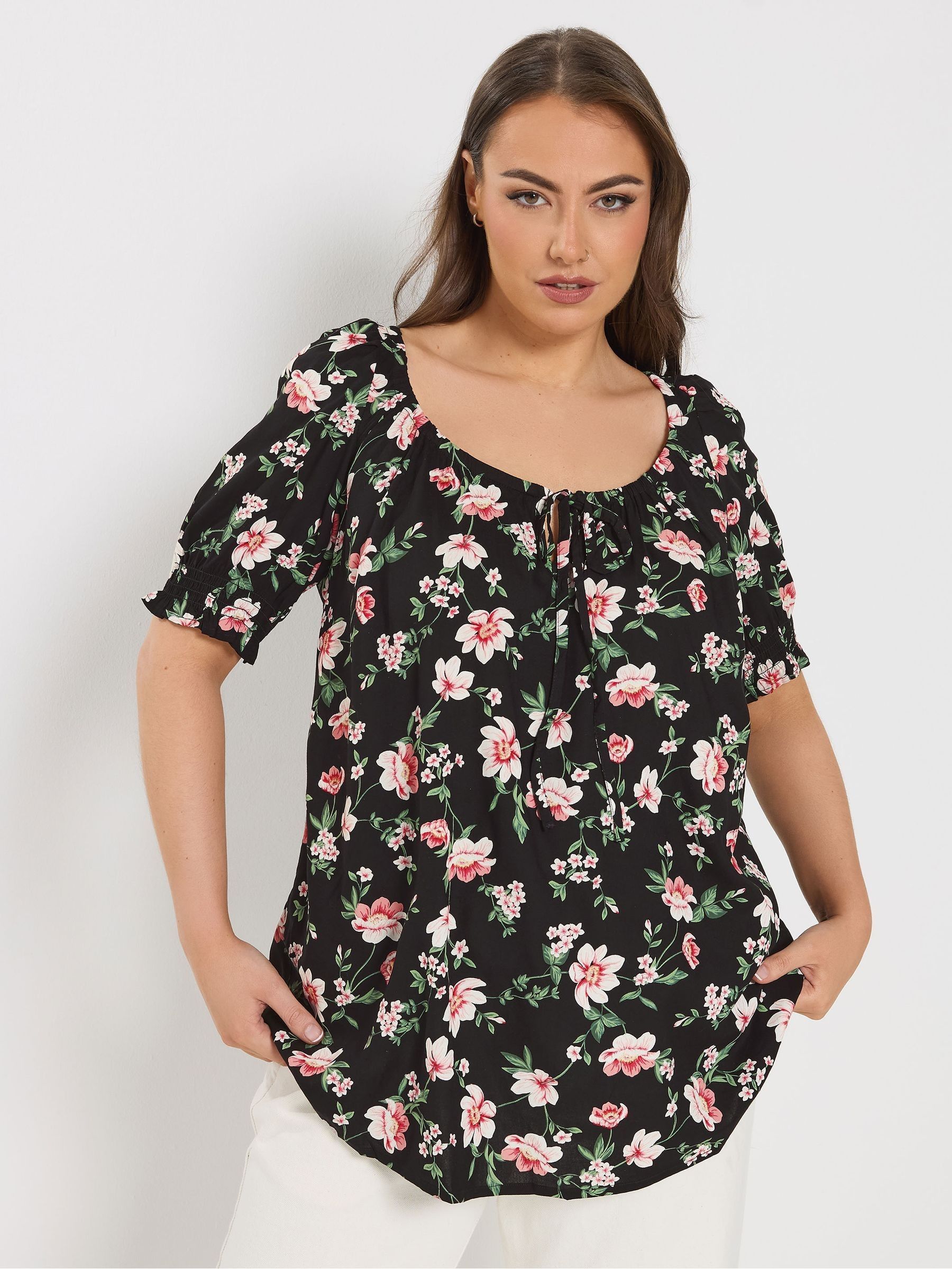 Yours Women's Black Floral Print Tie Neck Top In | : Size 18 - Image 1