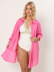 Yours Curve Pink Longline Slub Shirt - Image 1 of 6