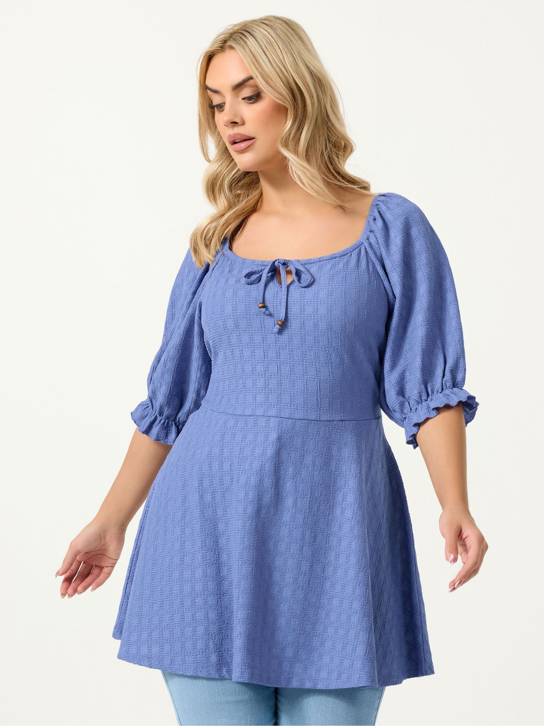 Buy Yours Curve Blue Milkmaid Texture Plain Blouse from Next USA