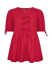 Yours Curve Red Bow Front Peplum Texture Blouse - Image 5 of 5