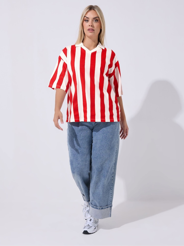 Yours Curve Red Limited Collar Stripe Top - Image 2 of 5