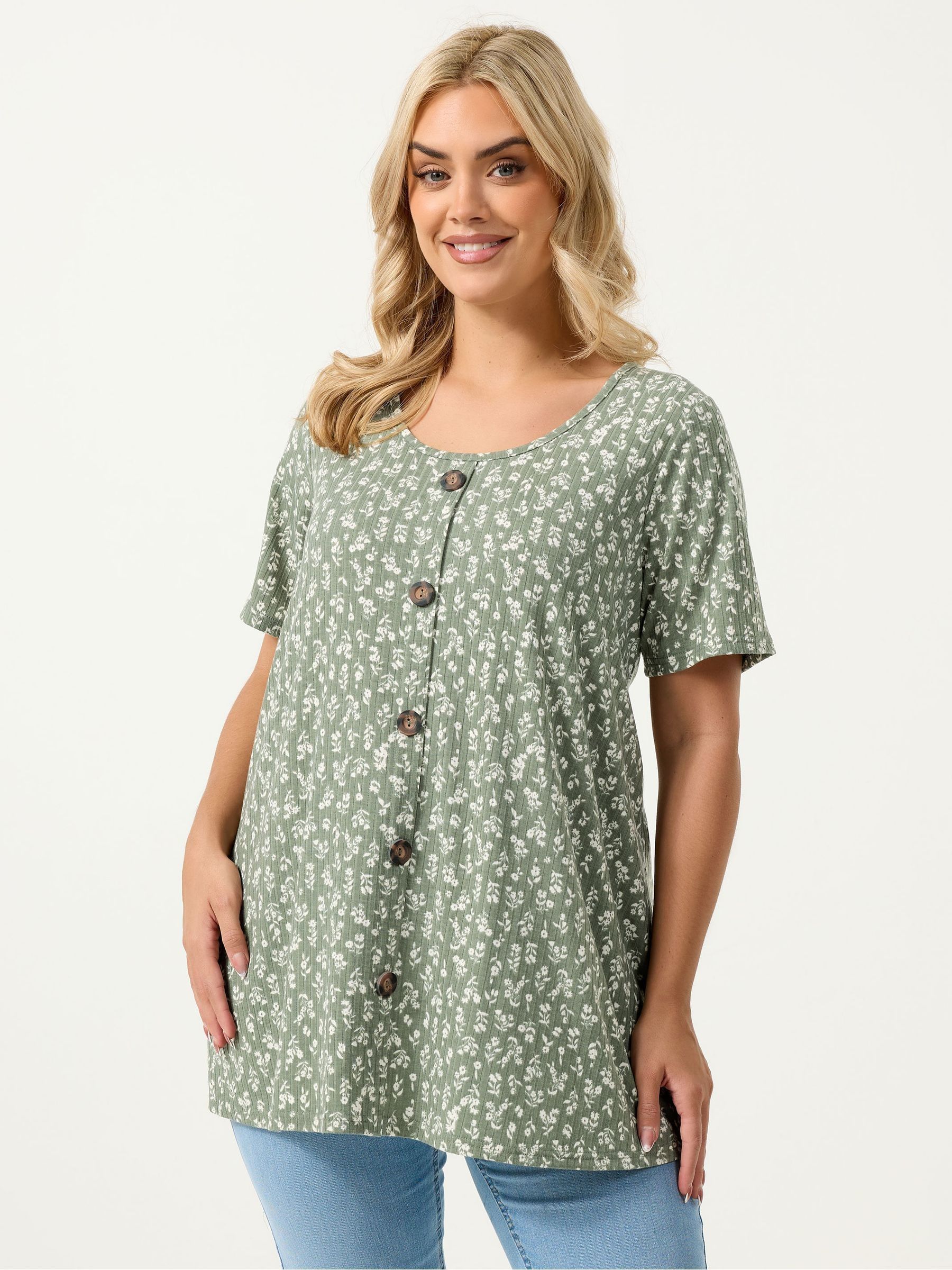Yours Curve Women's Green Ribbed Swing Button Front All Over Print Blouse