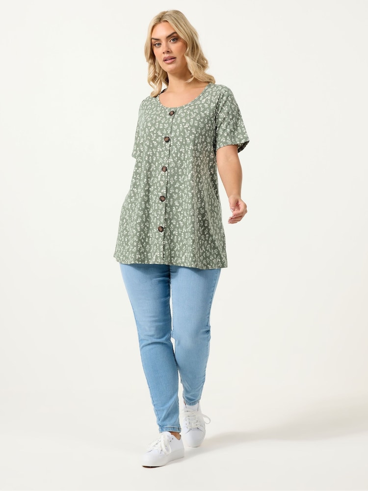 Yours Curve Green Ribbed Swing Button Front All Over Print Blouse - Image 2 of 5 Yours Curve Green Ribbed Swing Button Front All Over Print Blouse - Image 2 of 5