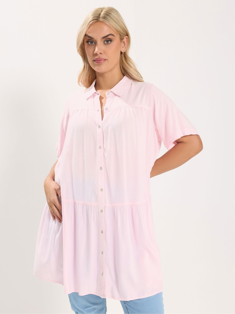 Yours Curve Pink Tiered Smock Chambray Shirt - Image 1 of 5