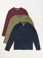 FatFace 3 Pack Navy/Green/Burgundy Long Sleeve Henley T-Shirt - Image 1 of 8